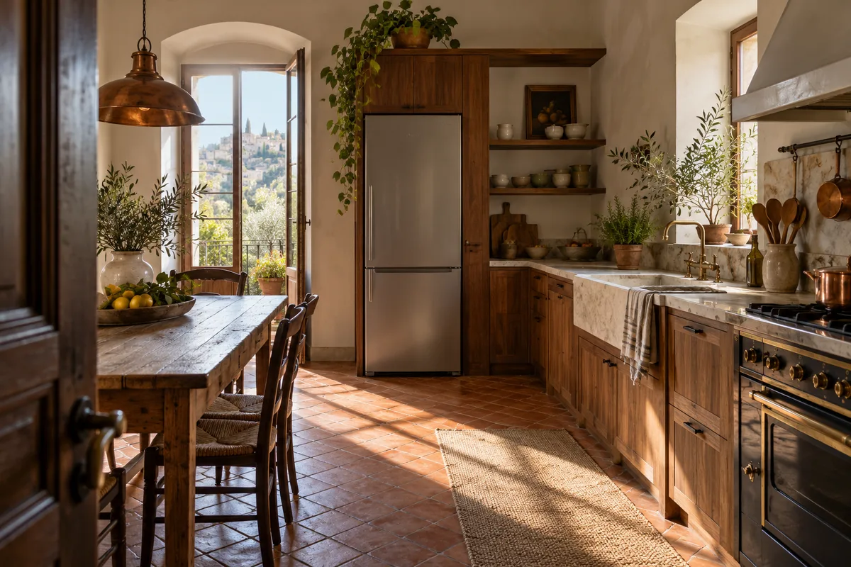 Cucina domestica luminosa con frigorifero e piano cottura